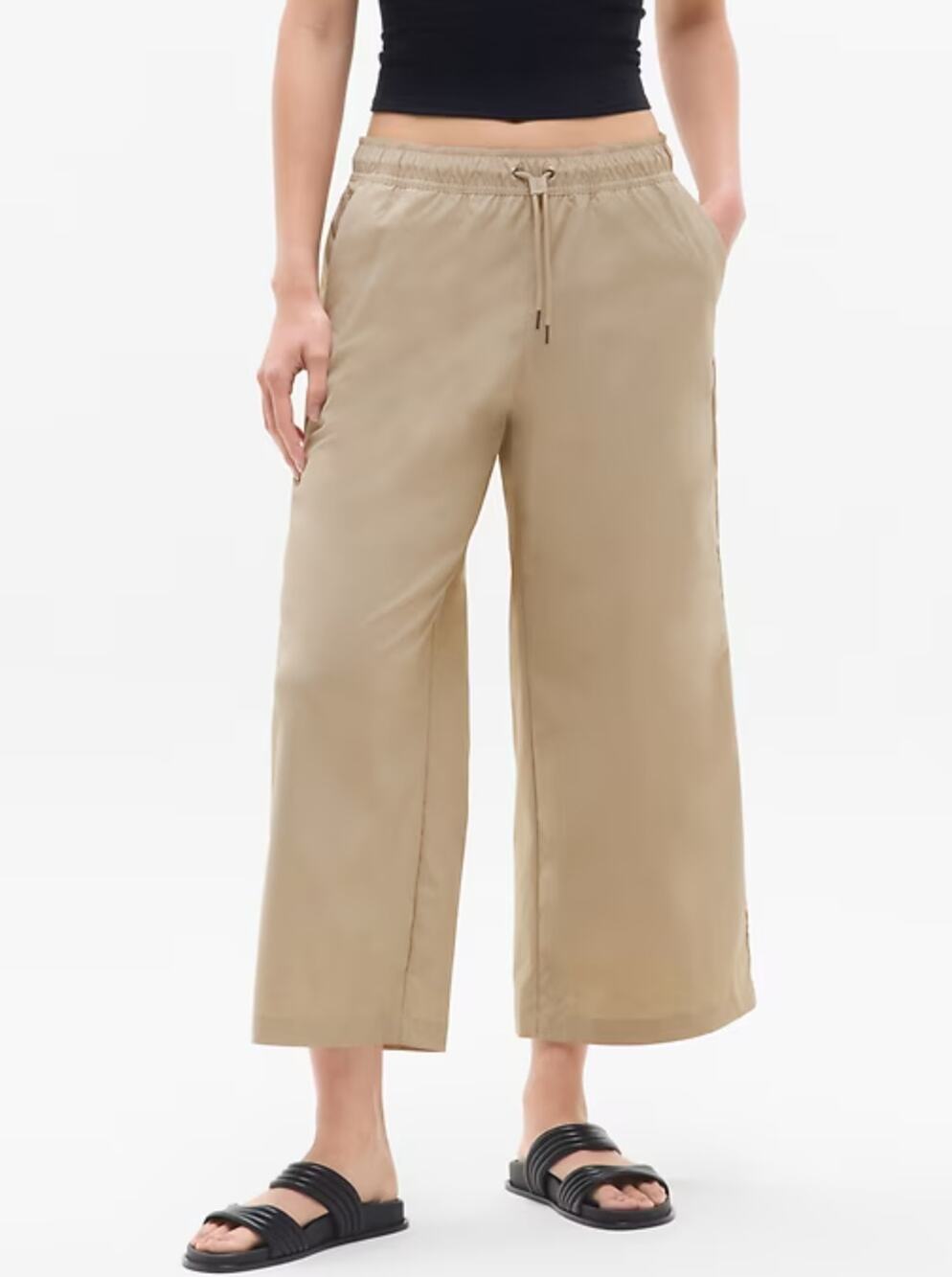 Athleta Womens Pants XL Midday Mid Rise Crop Poplin Ecru Tan Wide Leg 658011-03